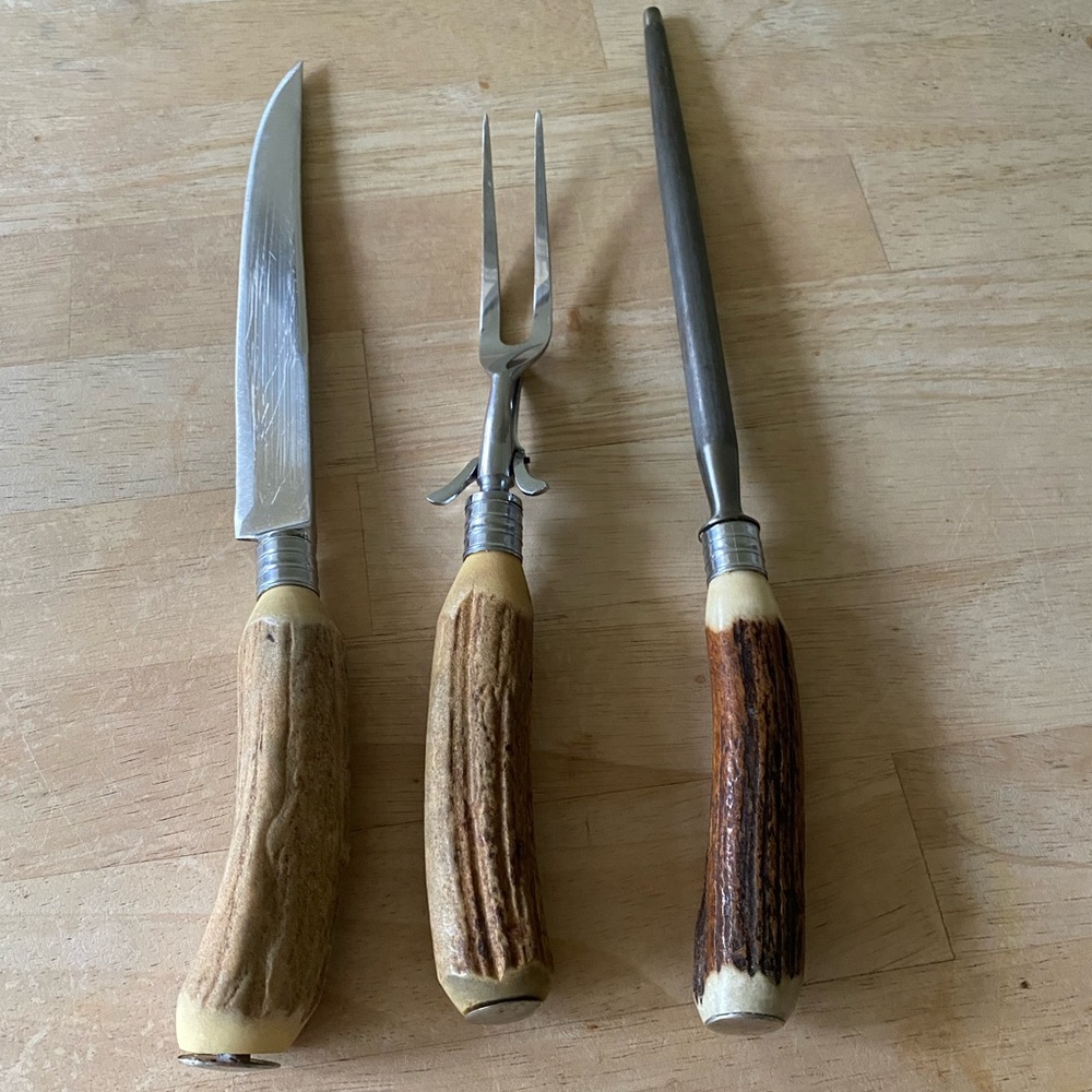 Vintage Boker USA carving set in stainless steel and faux bone.